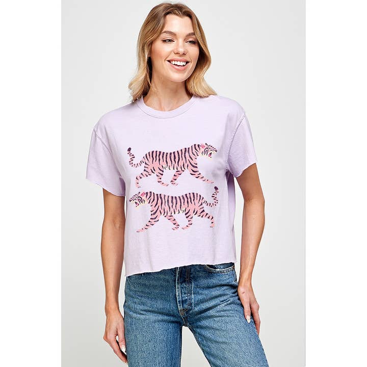 Illustrated Society - Vendita all'ingrosso Maglietta serigrafata - Donna - TOP CORTO CON GRAFICA VINTAGE TIGERS3