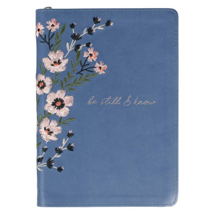 Christian Art Gifts - Wholesale Journal/Diary - Be Still Floral Embroidered Blue Faux Leather Classic Journa
