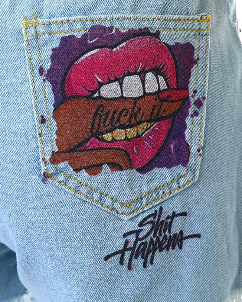 BLUE lip letter print ripped raw hem denim shorts for wholesale on Faire4