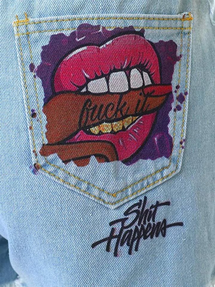 BLUE lip letter print ripped raw hem denim shorts for wholesale on Faire4