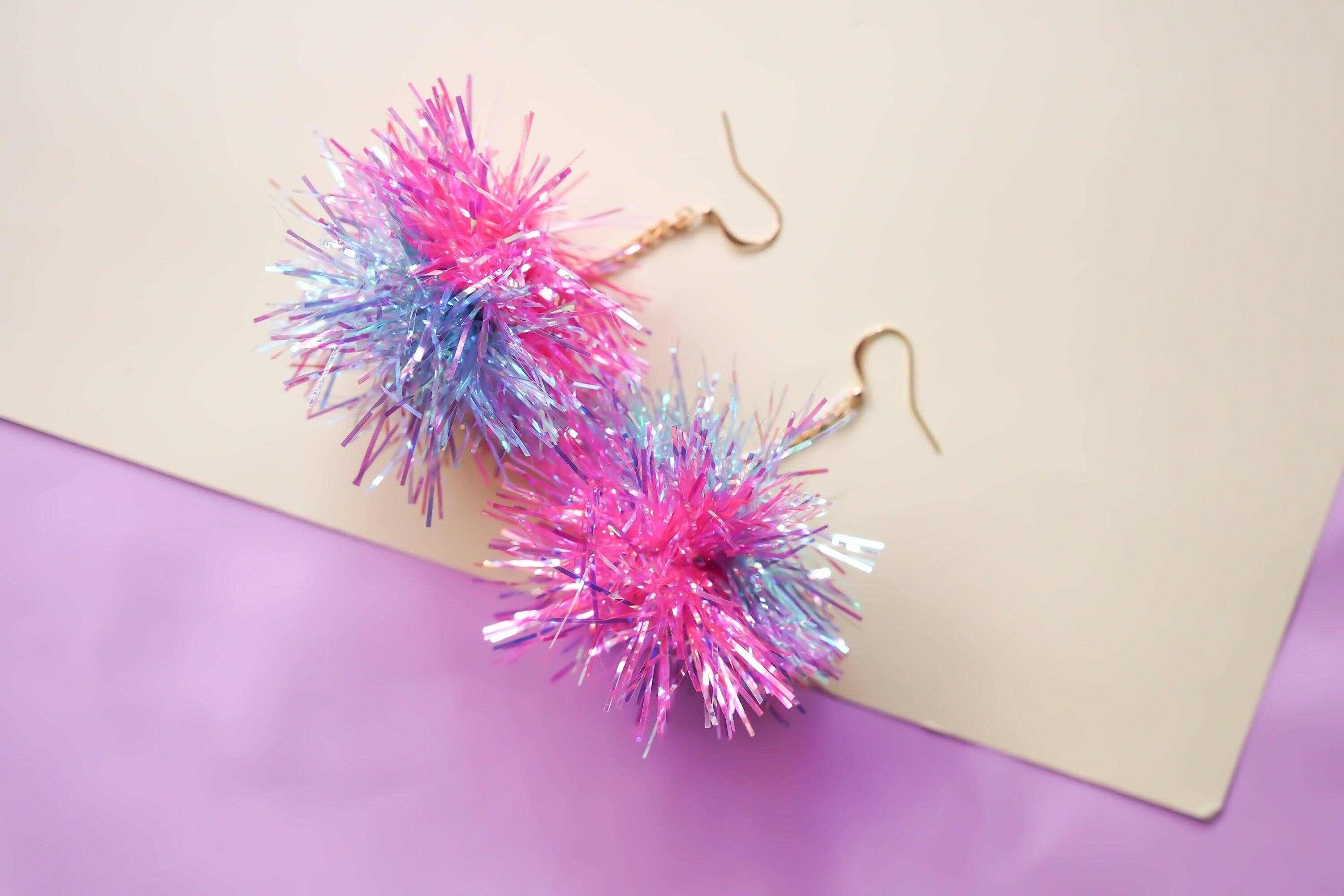 Fat Pom Poms - Wholesale Dangle Earrings - Mini Tinsel Earrings - Choice of colours7