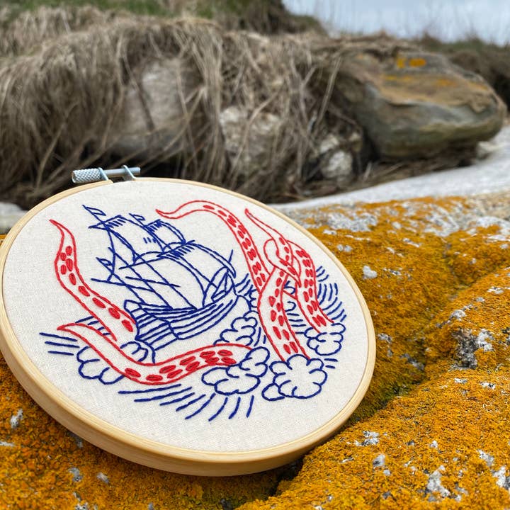 Hook, Line & Tinker Embroidery Kits - Wholesale Embroidery/Cross Stitch Supplies - Kraken and Ship Complete Embroidery Kit3