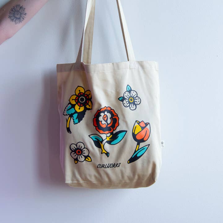 Curlworks - Wholesale Tote Bag - Unisex - American Traditional Flowers Organic Cotton Tote Bag3
