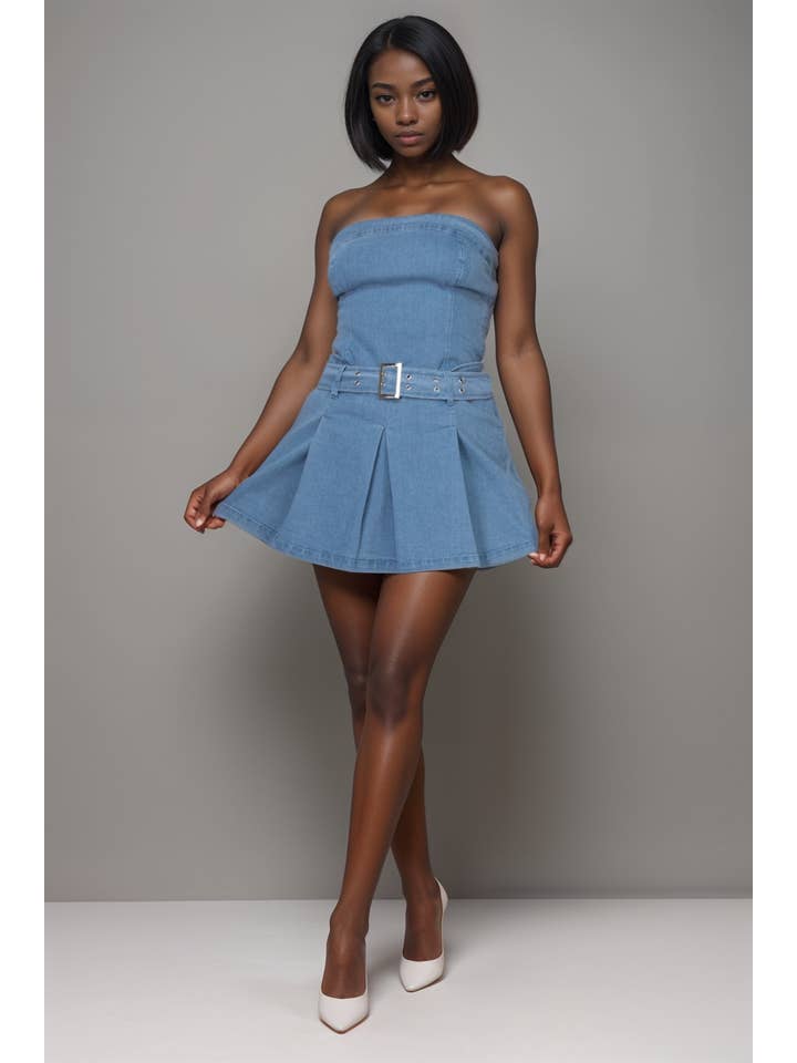 5besties inc - Vente Robe – femme - Robe tube en denim avec ceinture2