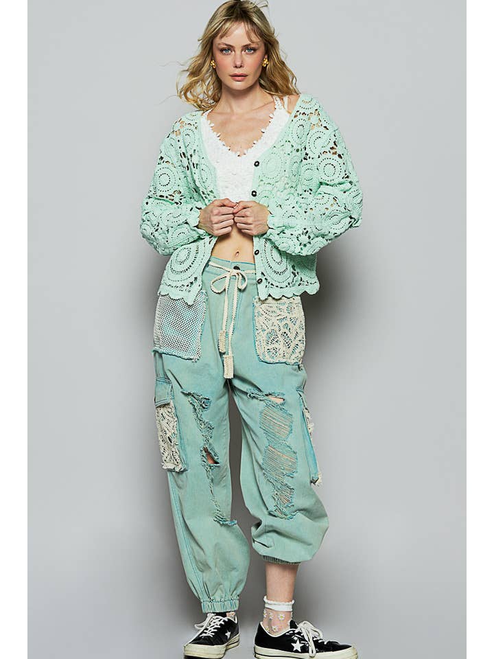 Pol Clothing - Wholesale Pants - Women's - Vintage Wash Crochet Patches Distress Jogger Pants SALE8