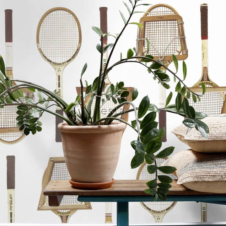 White Brown and Beige Non-woven Wallpaper Xxl Vintage Tennis Rackets for wholesale on Faire
