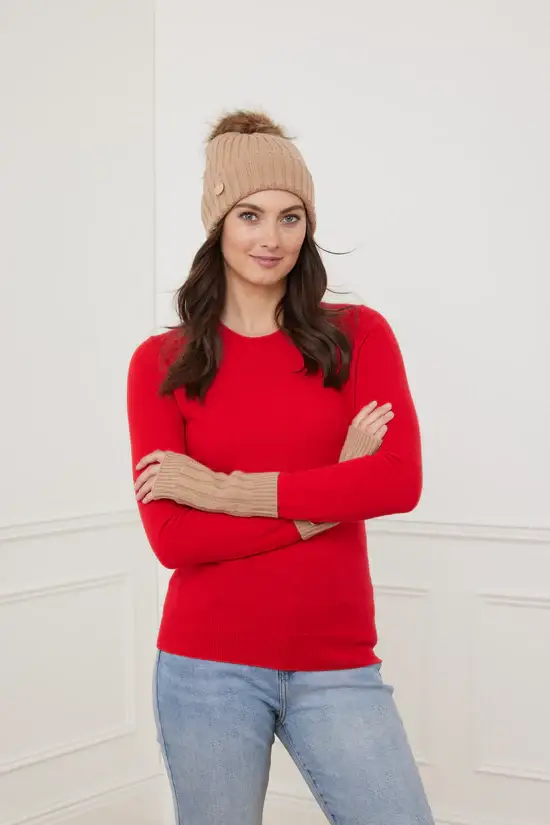Knitwear Queen - Vente Bonnet – femme - Bonnet à pompon côtelé Ava - Fausse fourrure3