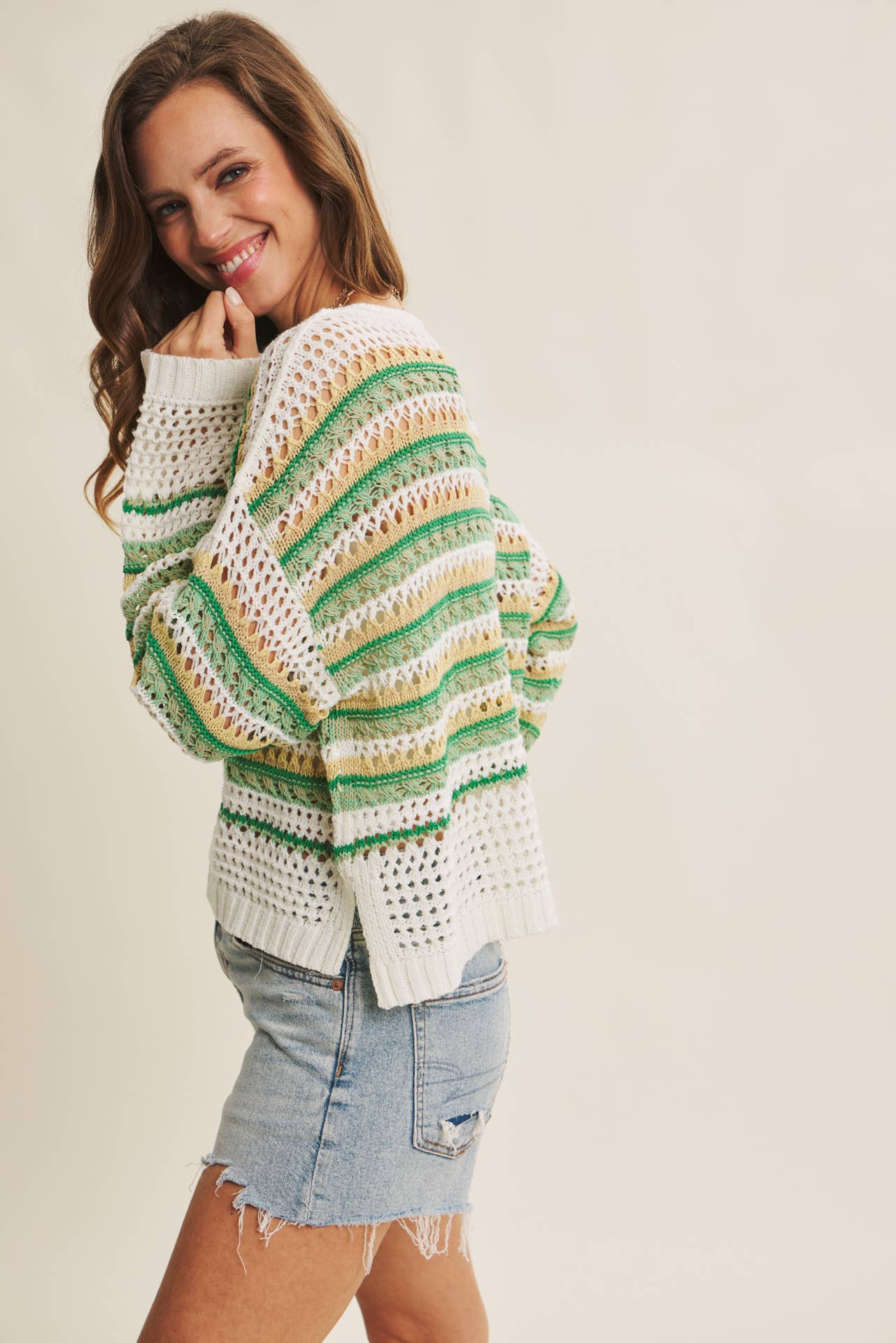 in february - Wholesale Knit Sweater - Women's - BRIGHT VIBRANT MULTI STRIPE LOOSE FIT CROCHET SWEATER TOP22