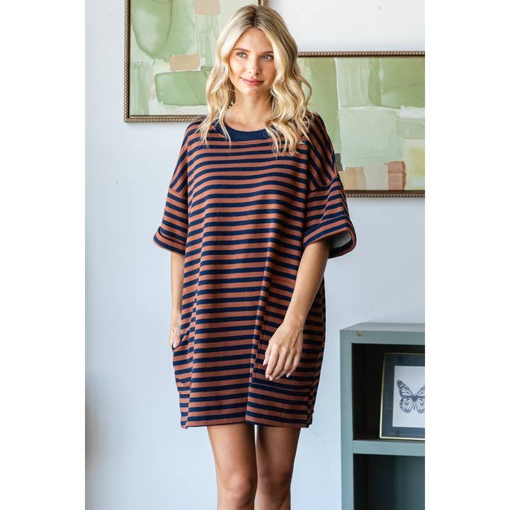Veveret - Wholesale Dress - Women's - Stripe Knit Pullover Oversized Tee Dress