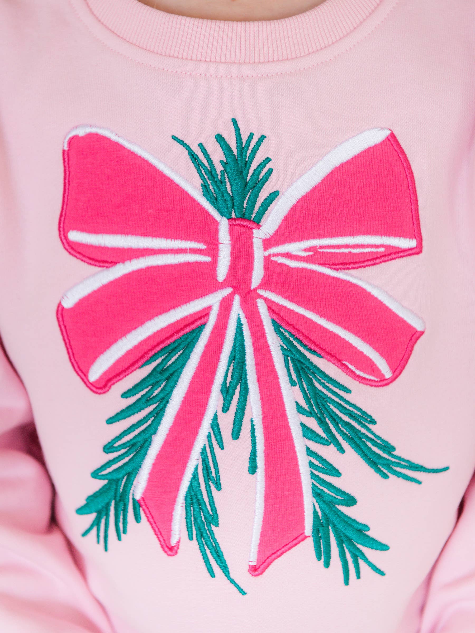 Girls Pink Mistletoe Bow Applique Flutter Sweatshirt for wholesale on Faire2