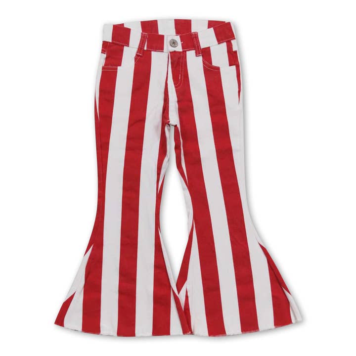 Red stripe pants kids girls Christmas jeans for wholesale by Yawoo Garments