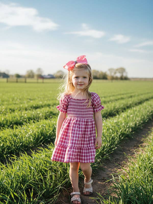 Pink plaid gathered & ruffles cotton girls dress XCH03017 for wholesale by luluclothes