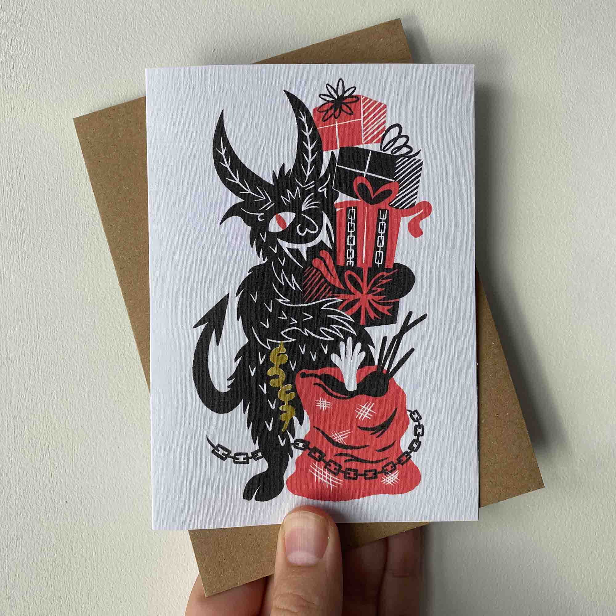 Blockforest – wholesale Christmas card – Krampus Presents Festive Yuletide / Christmas Card