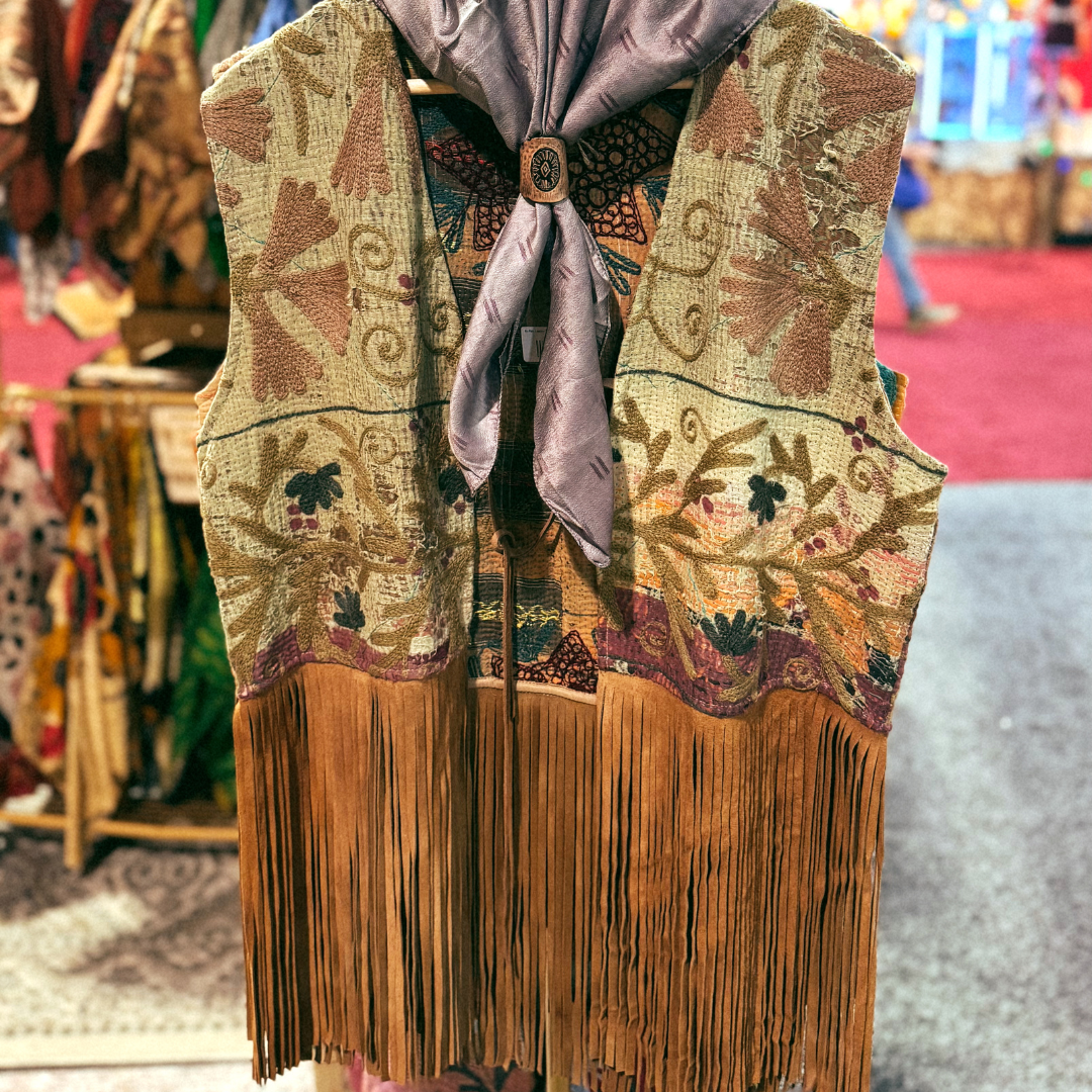 Wylder Trading Company - Wholesale Outerwear Vest - Women's - Boho Western Artisan Fringe Vests | Kantha Suzani Textile18