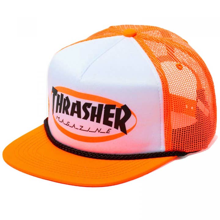 Thrasher Ellipse Mag Logo Trucker Rope Snapback Hat Orange for wholesale by Rat City Sk8 Shop