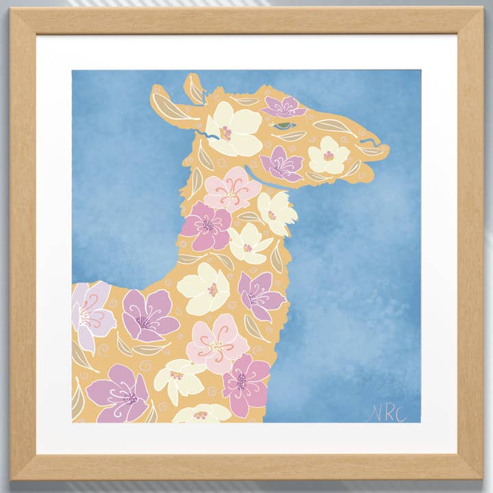 Fine Art Giclee Print-Pastel Llama with Flowers Silhouette for wholesale by Natalie’s Art