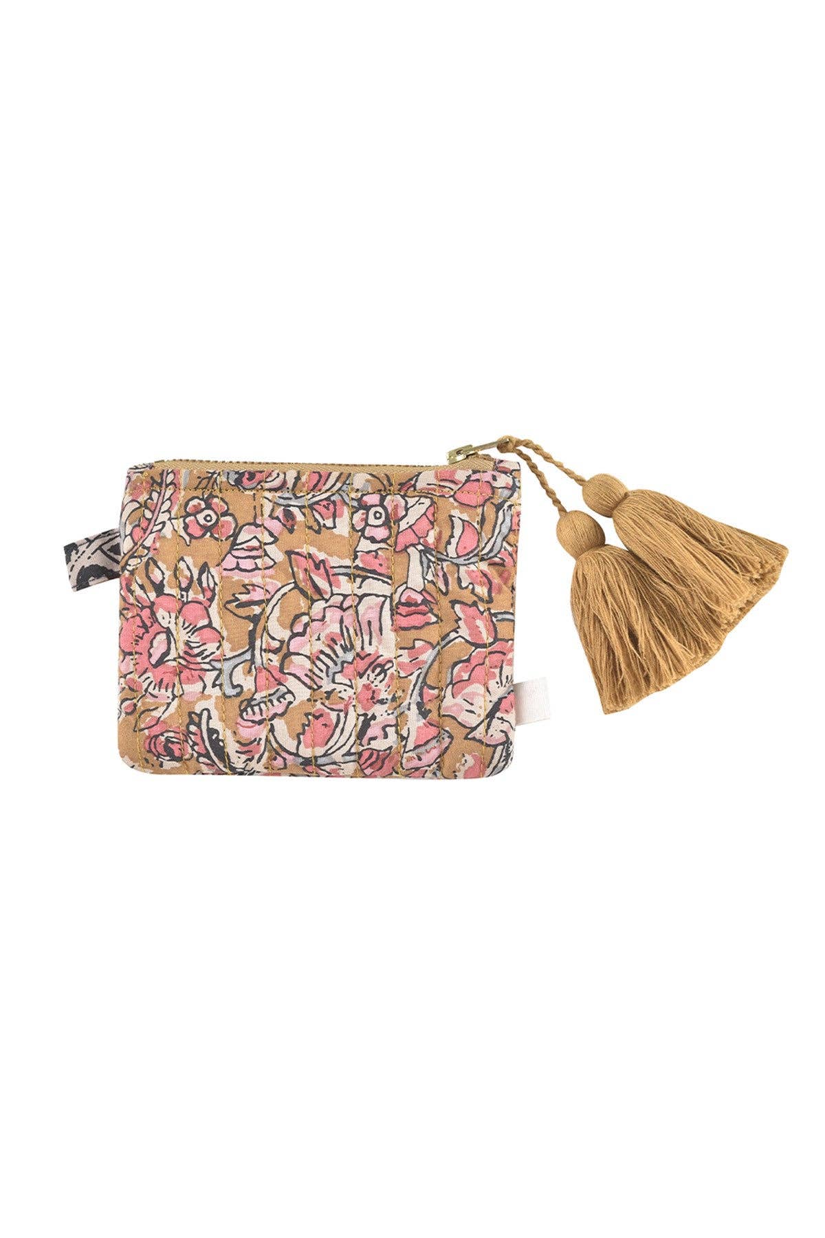 Honungsdikt Lois plånbok med tofsar och blommönster i gult och rosa för wholesale på Faire1