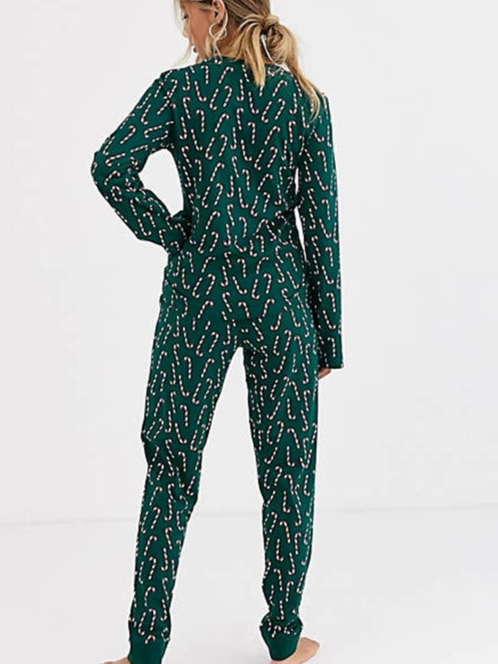 Green Christmas Candy Cane Printed Top and Pants Lounge Set for wholesale on Faire1