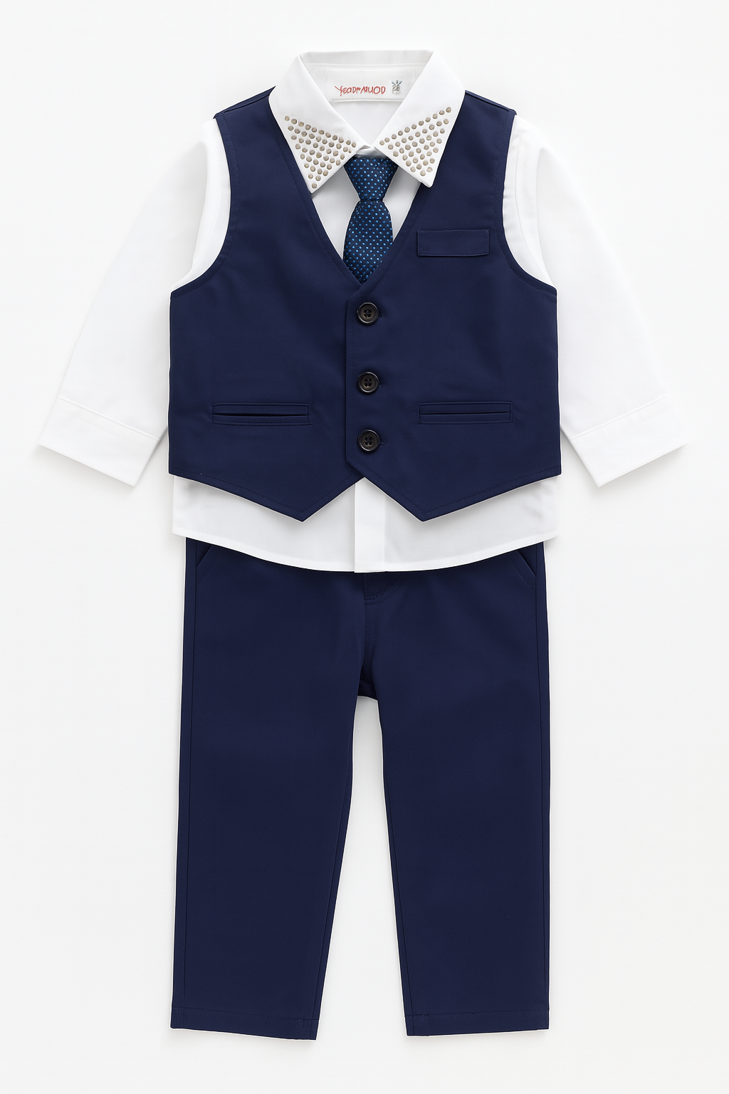 Fennco Styles - Wholesale Suit Set - Kids - Navy White Studded 4pcs Boy Formal Suit Outfit0