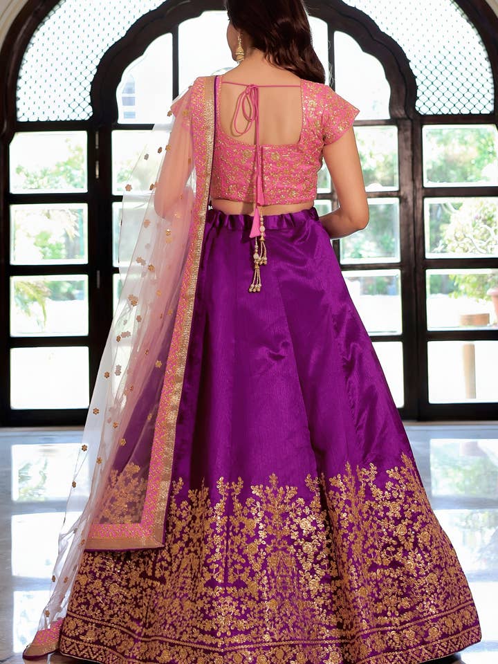 HATKE BRIDE - Wholesale Top & Pant Set (NOT Loungewear) - Women's - Purple Mulberry Silk Lehenga Choli For Indian & Pakistani Wedding Festival - Zari Work, Dori Work, Sequence Embroidery Work1