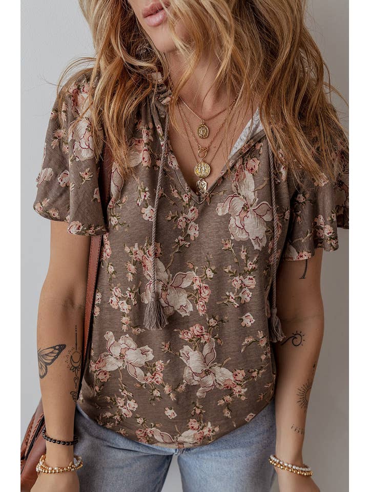 Khaki Retro Floral Print Tassel Tie Split Neck Short Sleeve Blouse for wholesale on Faire