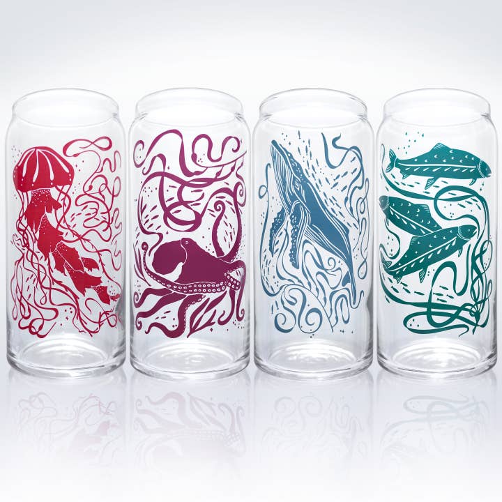 Tall Can Beer Glasses: Set of 4 Pacific Marine Creatures for wholesale by Bough & Antler Northwest Goods