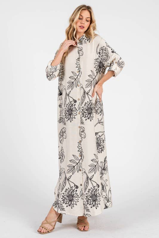 Pink Irene Wholesale - Wholesale Dress - Women's - Women Woven Floral Print Button-Down Maxi Dress12