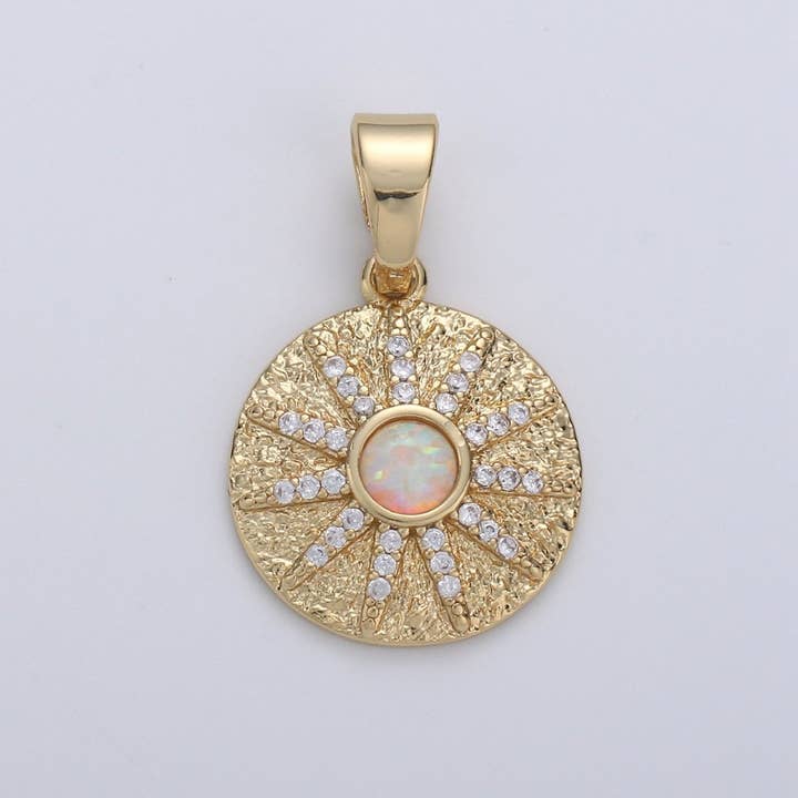 Overstock Dainty 14k Gold Filled Vergina Sun Charm Opal Round SunBurst Medallion Pendant, 23x16mm, Micro Pave Gold Sun Celestial Jewelry I-661 for wholesale by Aim Eternal