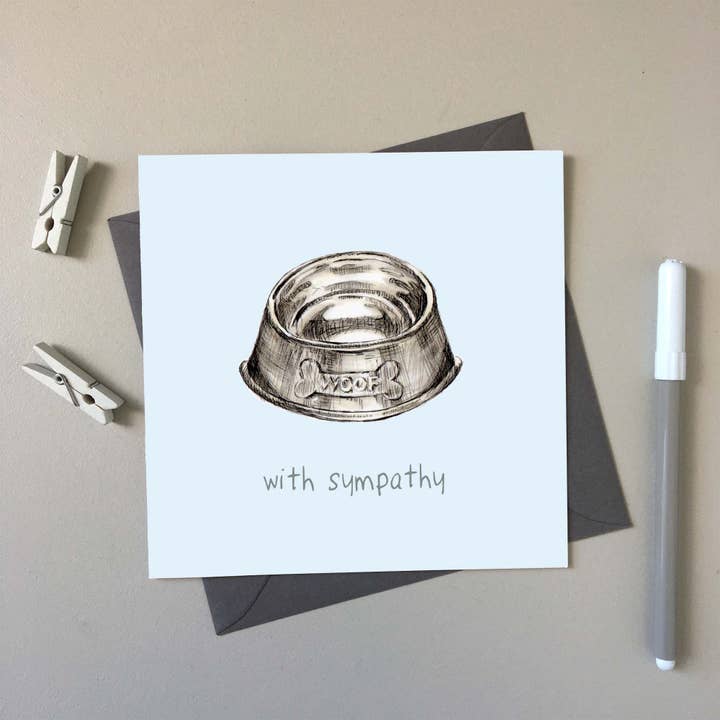 Dog's Bowl hand-drawn Pet Sympathy greeting card for wholesale by SJ. Vickery Designs Ltd.