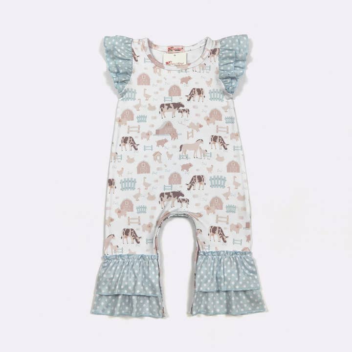 Barboteuse bébé bleu de la ferme pour la vente par Clover Cottage