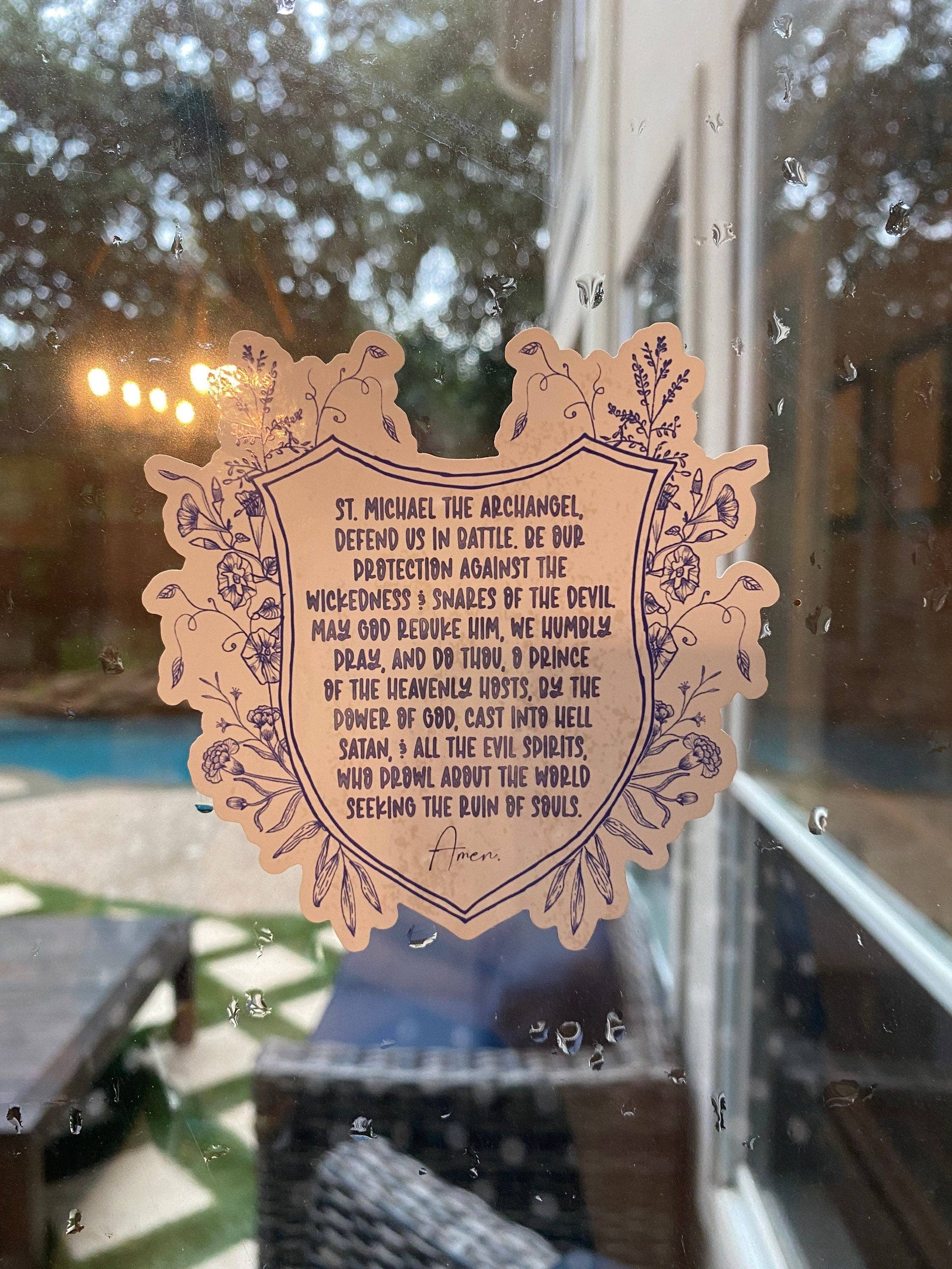 Meyer Market Designs - Wholesale Sticker - 4” x 4" Static Cling Saint Michael prayer Sticker. Saint Michael defend us in battle. Saint Michael Static Cling Stickers. Saint Decal2