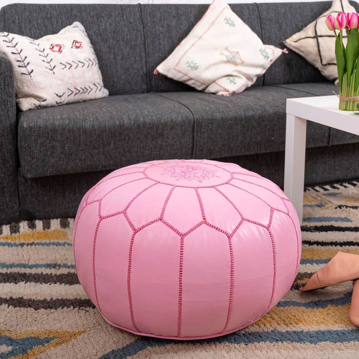 Pink Moroccan Ottoman Pouf | Pouf Moroccan Leather Pouf for wholesale by Pathiya