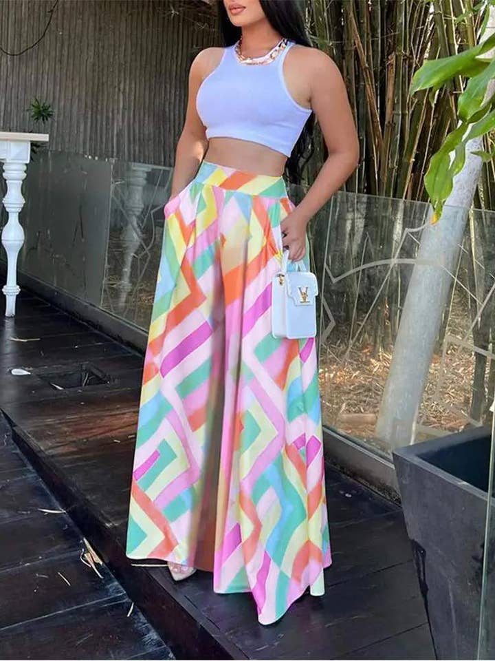 pantaloni larghi con stampa geometrica colorblock in vita per la vendita all'ingrosso da parte di Queen Fashion