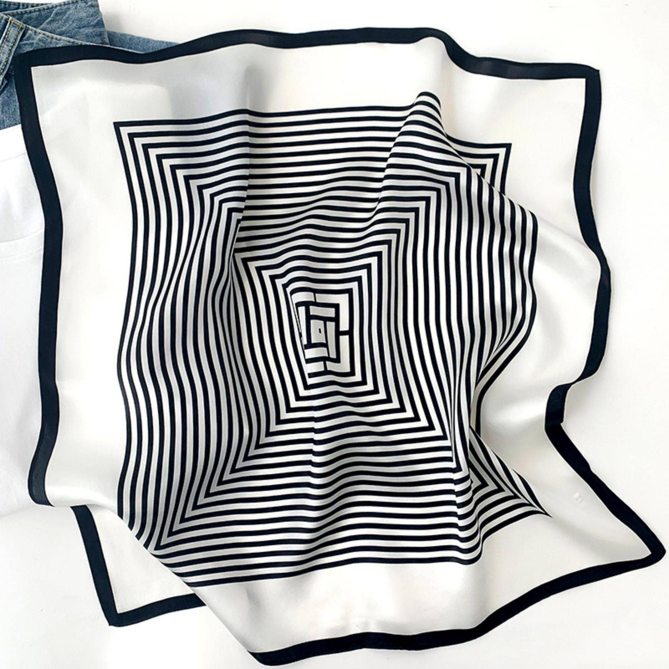 SueSilkHK - Vente Écharpe – femme - Foulard noir et blanc à rayures 100 % soie de mûrier - écharpe, foulard pour cheveux et cou - cadeau fête des mères, accessoire de sac0