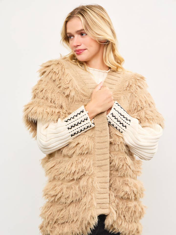 FRINGE SHAGGY CAP SLEEVE SWEATER JACKET for wholesale by Mustard Seed