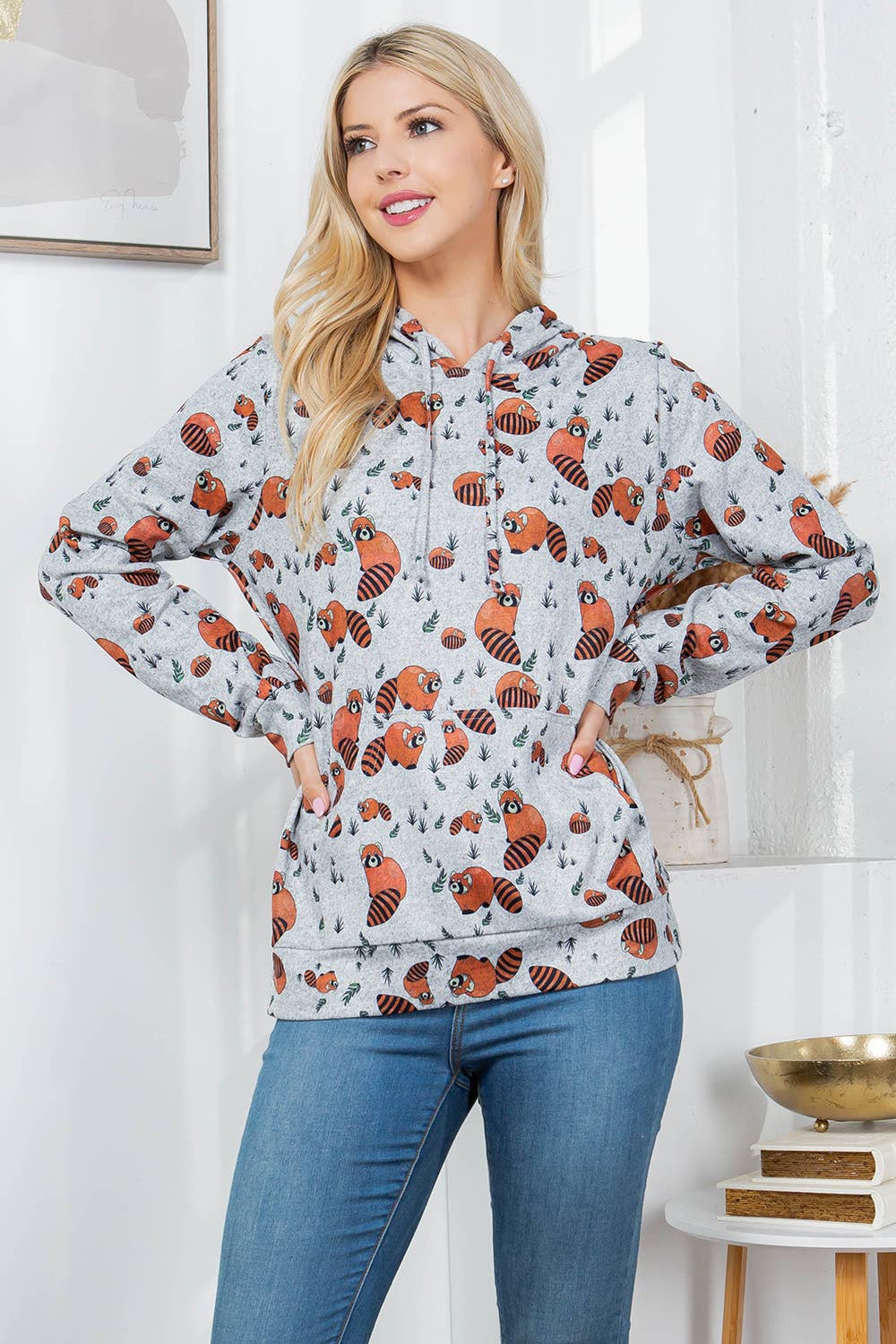 LA Soul – Hoodie – Mulher por atacado – Camisola com capuz de malha com estampa panda vermelha0