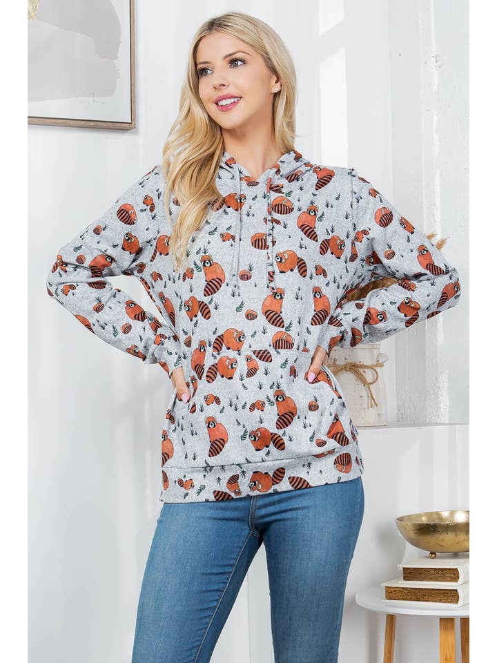 LA Soul - Wholesale Hoodie - Women's - Red Panda Print Sweater Knit Pullover Hoodie