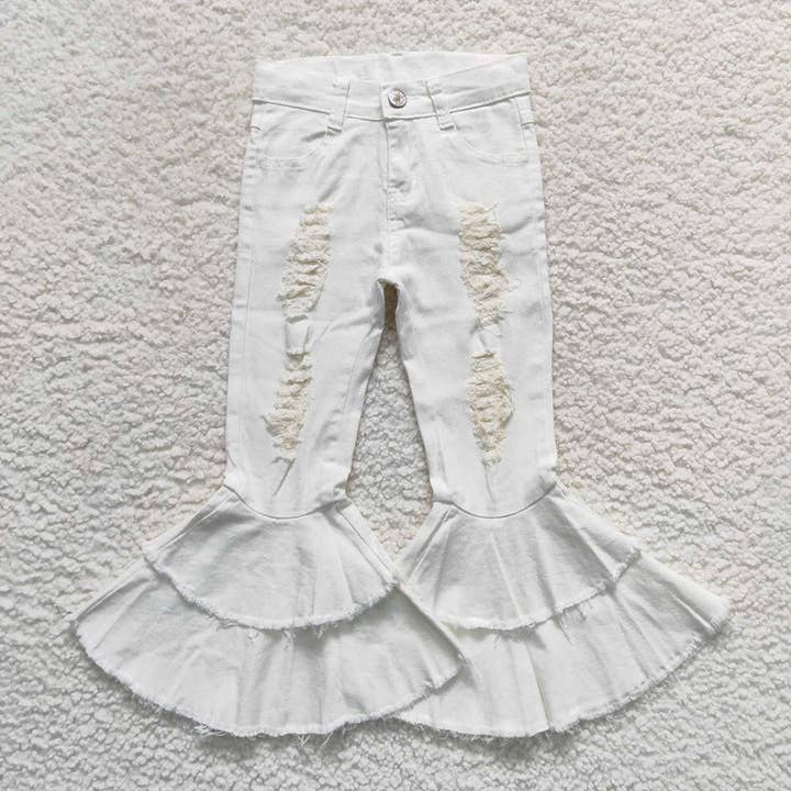 Baby Girls White Double Ruffle Distressed Denim Bell Pants for wholesale by Aier Wholesale