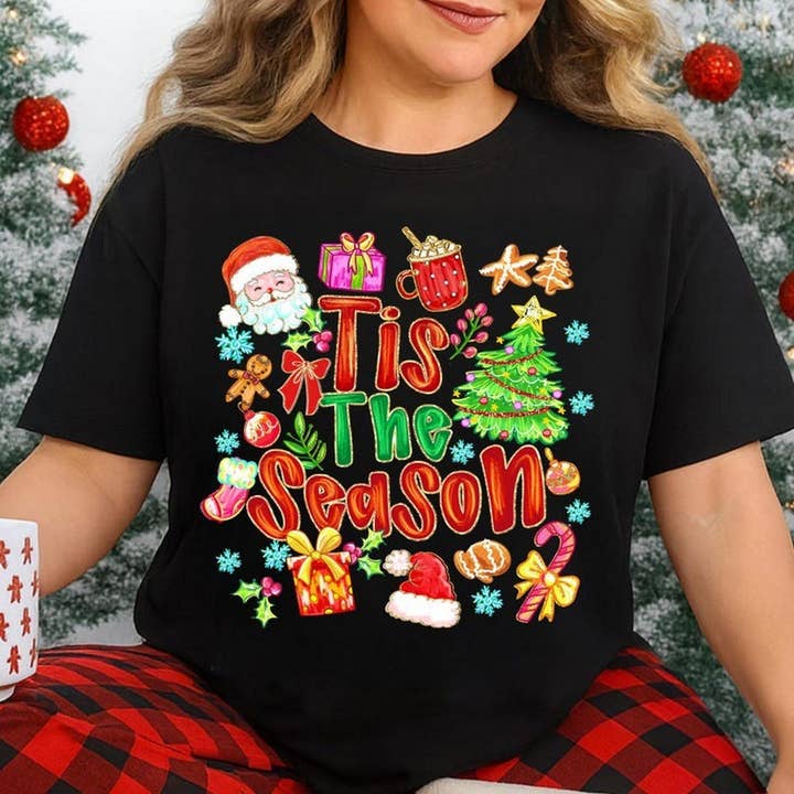 Tis The Season Shirt, Christmas Doodle Santa Long Sleeve for wholesale by AJCanvasPrints