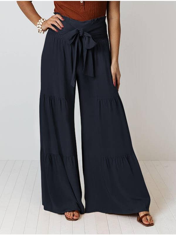 HIDDENBRAND - Wholesale Pants - Women's - Strappy Elasticated Waist Pleated Wide-Leg Trousers6