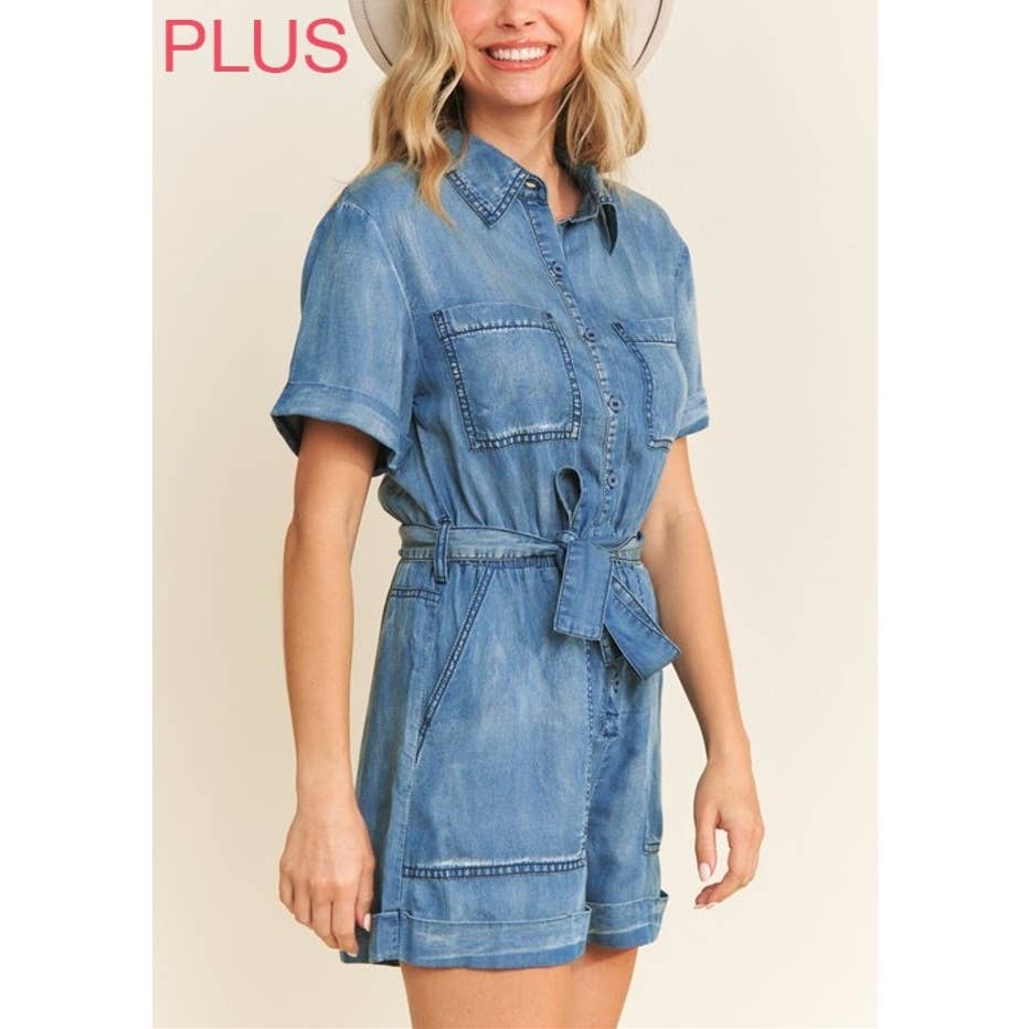 M.DENIM 9377X Plus Size Vasket Tencel Denim Krave Knap-Op Romper for engroshandel på Faire8