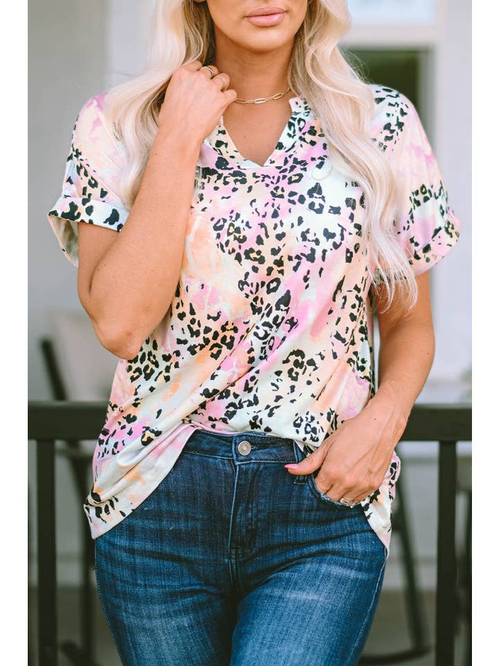 Leopard Batikbluse mit Leopardenmuster und kurzen Ärmeln für den Großhandel auf Faire