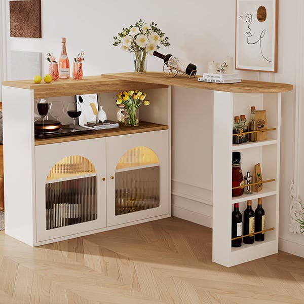 Urban Meuble - Wholesale Sideboard - Modern white rotating extendable bar table with storage and LED light strip THRUTELS WHITE5