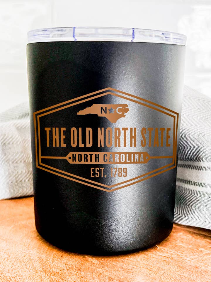 The Old North State Badge Low Ball Tumbler Cream + Black for wholesale by Mae Designs LLC