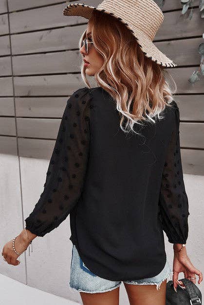 Supreme Fashion - Wholesale Blouse - Women's - Solid V Neck Lantern Sleeve Swiss Dot Shirt5