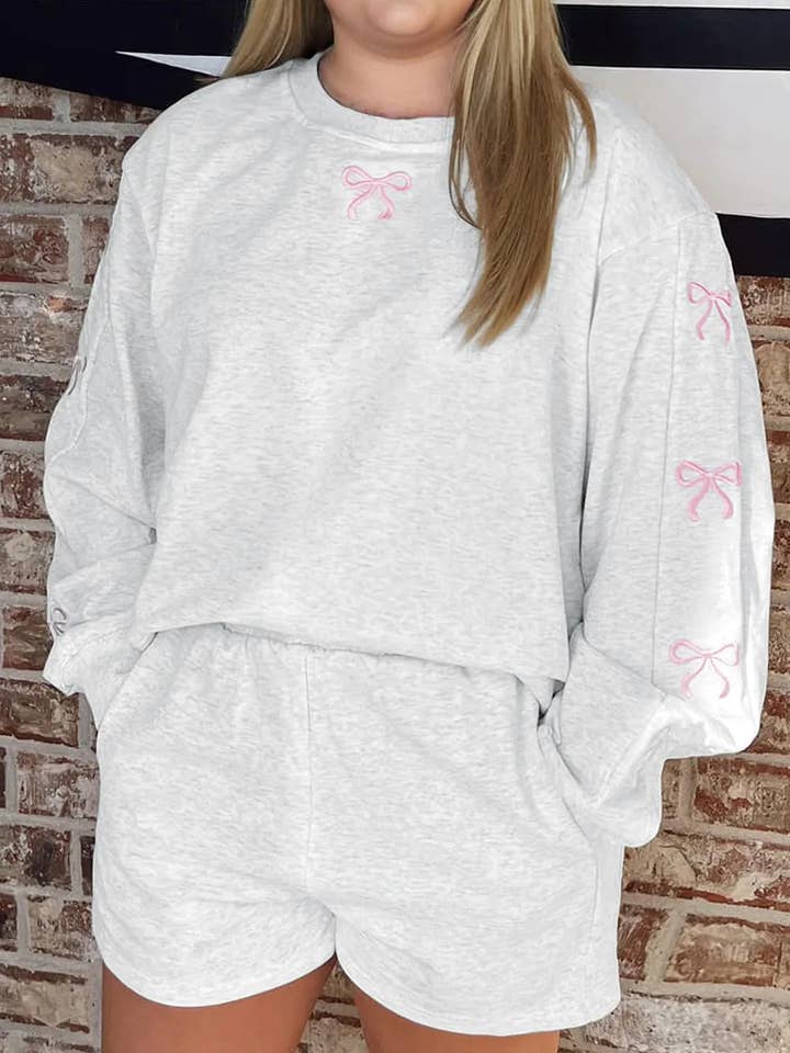 Light Grey Girly Bow Embroidered Puff Sleeve Pullover Loose Shorts Plus 2pcs Outfit for wholesale on Faire2