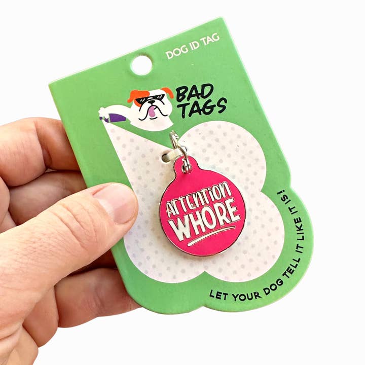 Bad Tags - Wholesale Pet Collar Charm - Cat/Dog - Funny Dog Collar Charm w/ QR Code - Pink Attention Wore