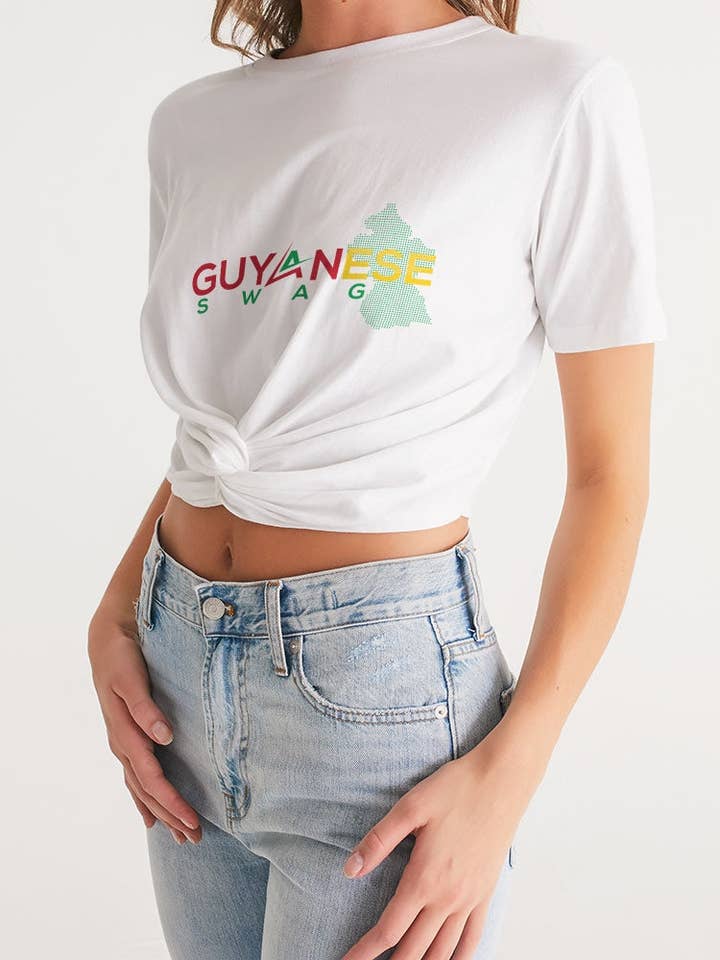 white Guyanese Swag Guyana Map Women's Twist-Front Cropped Tee for wholesale on Faire
