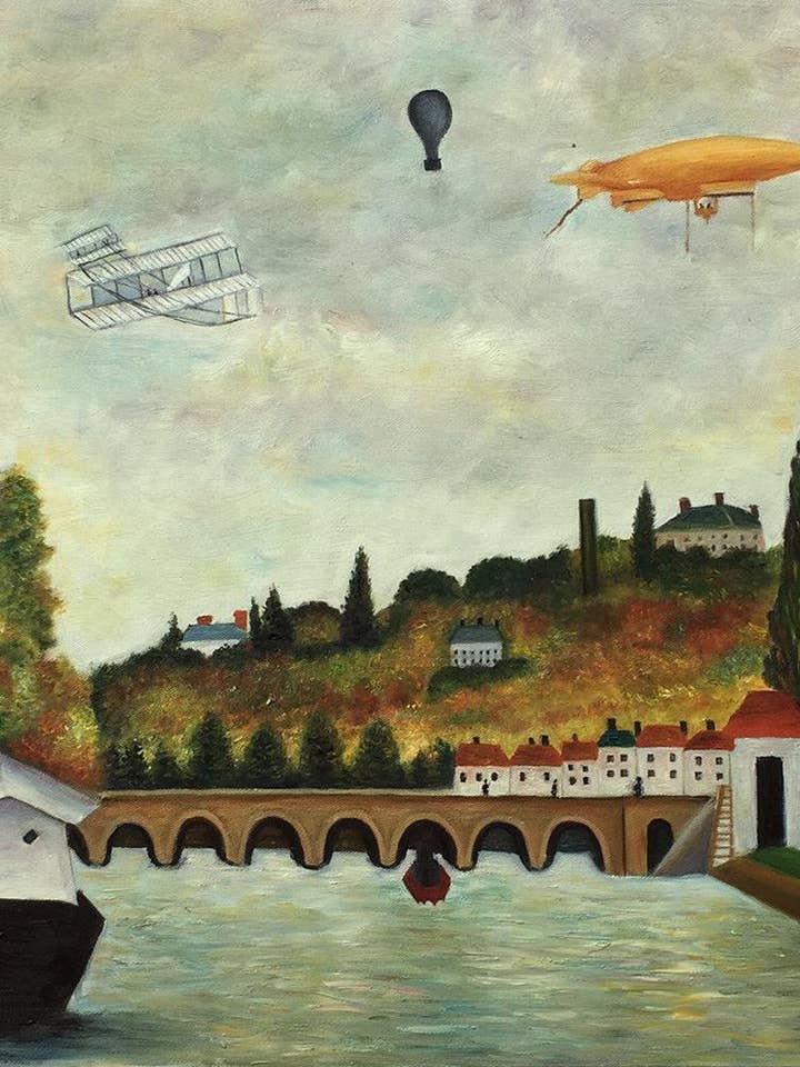 View of the Bridge in Sevres and the Hills of Clamart, Saint-Cloud and Bellevue with biplane, balloon and dirigible for wholesale by La Pastiche