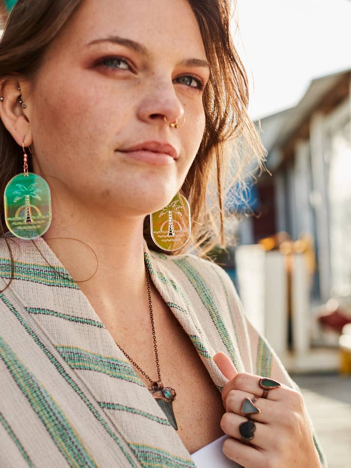 Large Iridescent Palm Tree Earrings for wholesale by Alchemy and the Sea